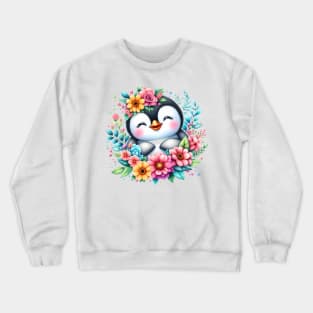 A baby penguin decorated with beautiful colorful flowers. Crewneck Sweatshirt